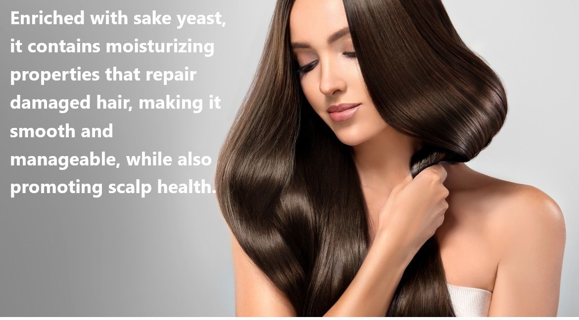 Enriquecido com levedura de saquê, contém propriedades hidratantes que repararam cabelos danificados, tornando-os suaves e fáceis de manejar, enquanto também promove a saúde do couro cabeludo.